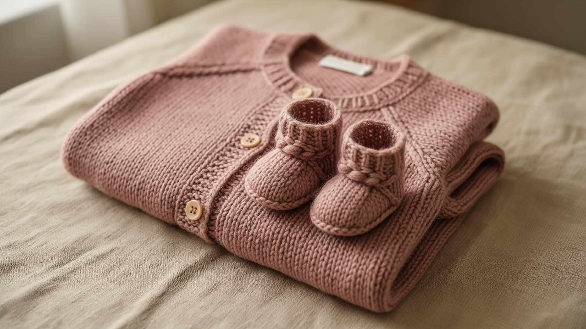 Handgemaakt babyvestje en gehaakte slofjes op linnen